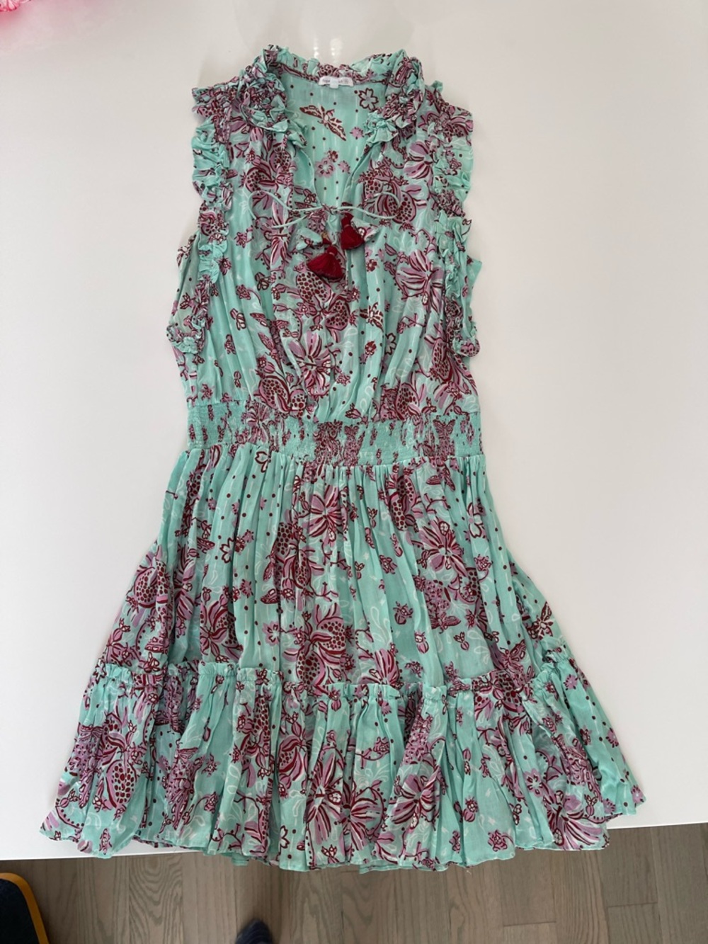 Poupette St. Barth Mint Floral Tiered Dress with Burgundy Tassels